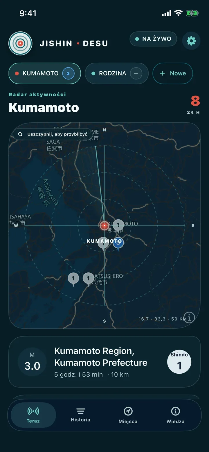 Ekran aplikacji JISHINDESU na iOS z mapą Kumamoto i lokalnymi odczytami Shindo
