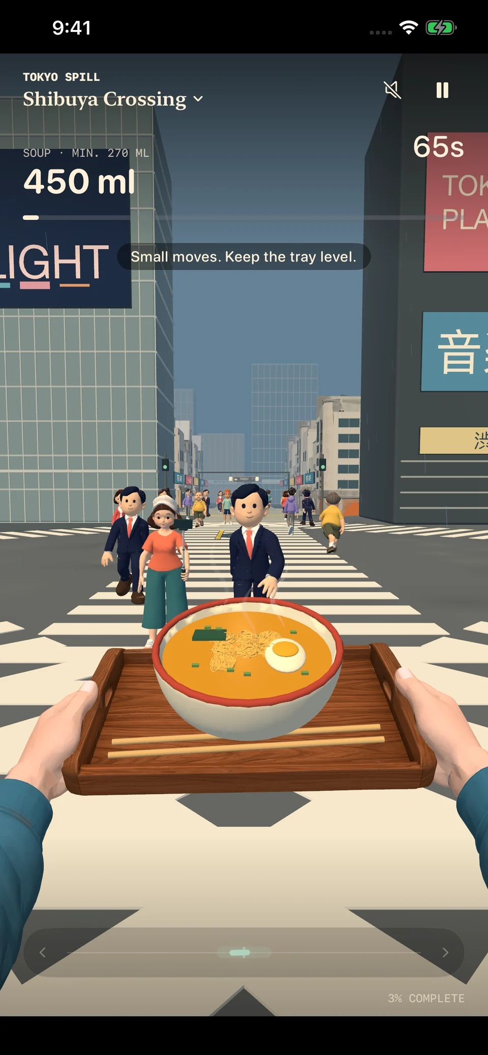 Tokyo Spill gameplay at Shibuya Crossing with a ramen tray